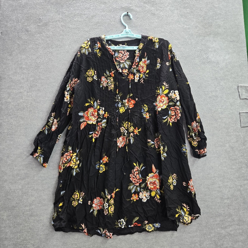Old Navy Women Dress XL Black Floral Lace Up Yoke Swing 3/4 Sleeve
